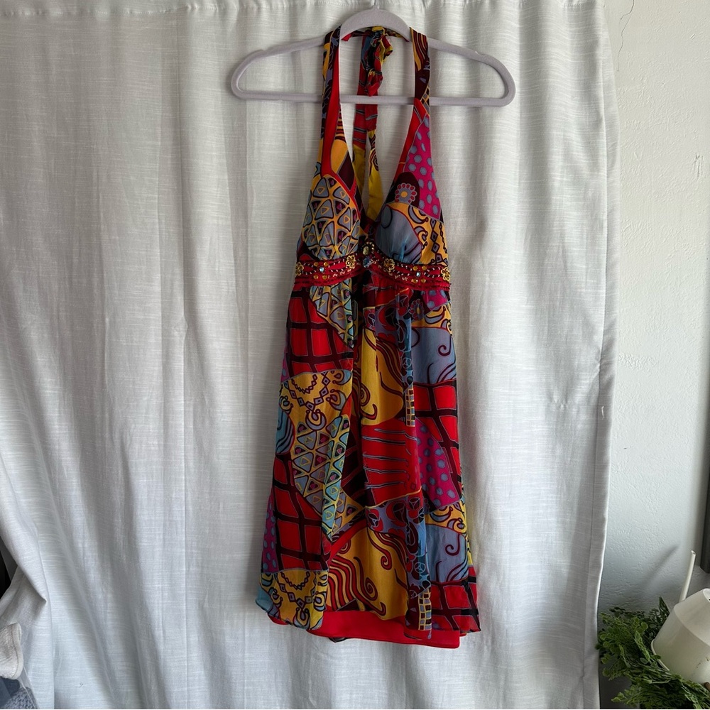 Sue Wong vintage VTG 100% silk flowy halter top Y2K beaded dress bright colors - Picture 7 of 15